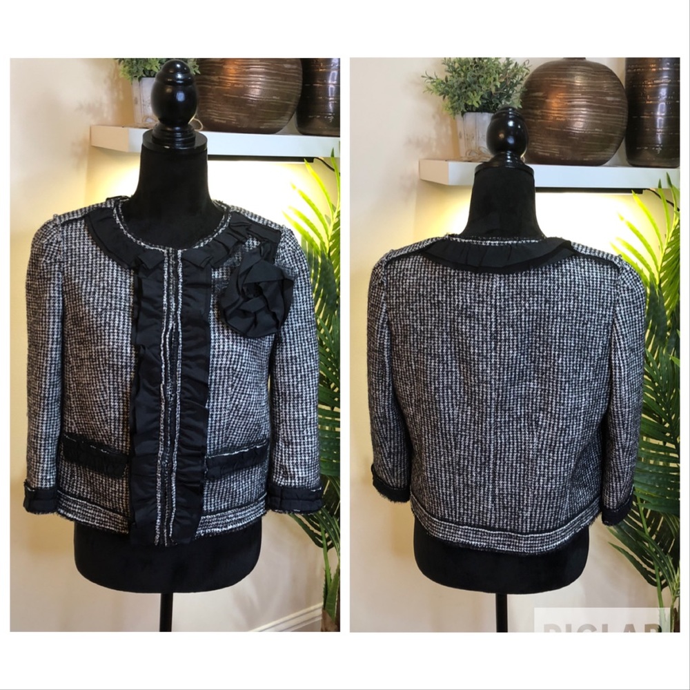 Ann Taylor Virgin Wool Blend Tweed Black White Gray Blazer Jacket w/ Floral 8